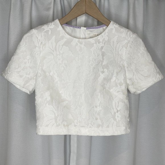 NWT Ted Baker Maire White Lace Mesh Crop Top Size 0 6 Short Sleeve Zip Back - Picture 2 of 15